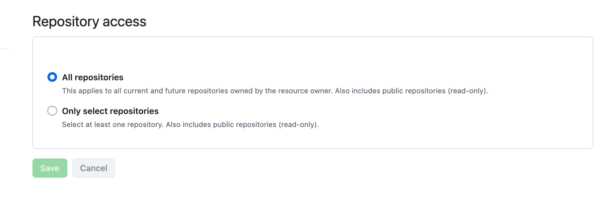 GitHubのRepository access画面。All repositoriesが選択されている